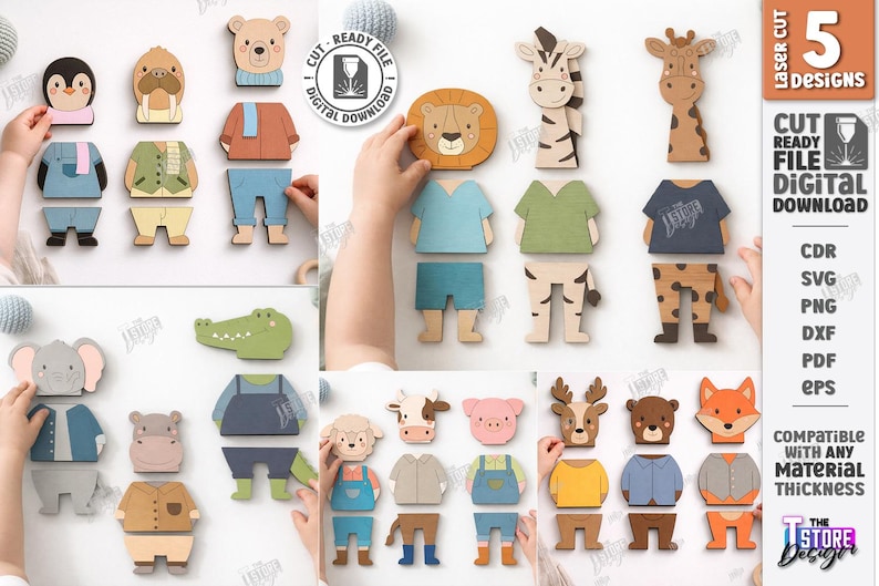 May include: Wooden animal puzzles with interchangeable clothing. The set includes a penguin, walrus, bear, lion, zebra, giraffe, elephant, crocodile, hippo, sheep, cow, pig, deer, bear, and fox. The image also includes the text "CUT READY FILE DIGITAL DOWNLOAD".