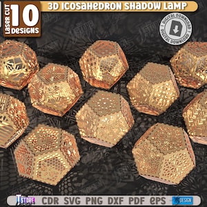 May include: Ten laser-cut 3D icosahedron shadow lamp designs. Each lamp is a golden colour and features intricate geometric patterns. The text "3mm 1/8 in" and "10 designs" is visible. The words "3D Icosahedron Shadow Lamp" are also present.