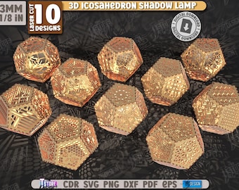 3d Icosahedron shadow lamp laser cut bundle, wood triangle shadow lamp, tealight candle holder, Icosahedron lantern svg, led night light svg