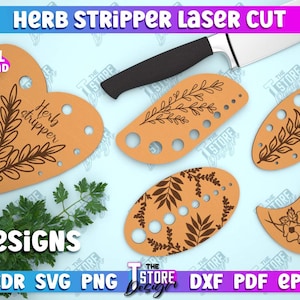 Könnte beinhalten: Fünf Laser-Cut-Designs für einen Kräuter-Stripper. Die Designs zeigen verschiedene florale Muster und den Text "Herb stripper".