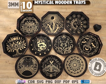 3d mystical wooden trays laser cut bundle, crystal trays laser cut, witchy incense tray laser, celestial trays laser cut, magic trays svg