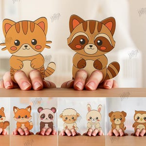 May include: Wooden cut-out animal designs, including a cat, raccoon, pig, squirrel, fox, panda, sheep, rabbit, bear, and owl. The designs are in various shades of brown and tan, with black and pink accents. The image includes the text "CUT READY FILE".