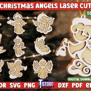 Christmas Angels Laser Cut, Angel Christmas Tree Ornament SVG, Laser cut Angels, Christmas Ornaments,  Christmas Decor Svg, Angel Wings v.2