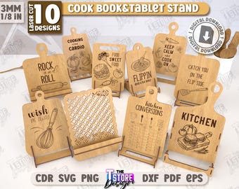 Cook book stands laser cut bundle, 3d recipe book display stands, cutting board holder svg, laser cut book stand,  kitchen tablet stands svg