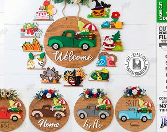 Paquete de letreros de bienvenida para camiones intercambiables cortados con láser, letrero de puerta redondo de temporada, colgador de puerta para el hogar SVG, letreros para la puerta de entrada, decoración del hogar de estilo rústico