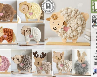 3d Yarn wrapped animals templates laser cut bundle, yarn animal stand svg, knitting and crochet tool, standing decor, yarn wrapping project