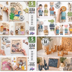 May include: A collection of wooden puzzles with animal and architectural themes. The image displays laser-cut puzzles, including dog and dinosaur houses, animal figures, and cityscapes. Each puzzle is designed for easy assembly.