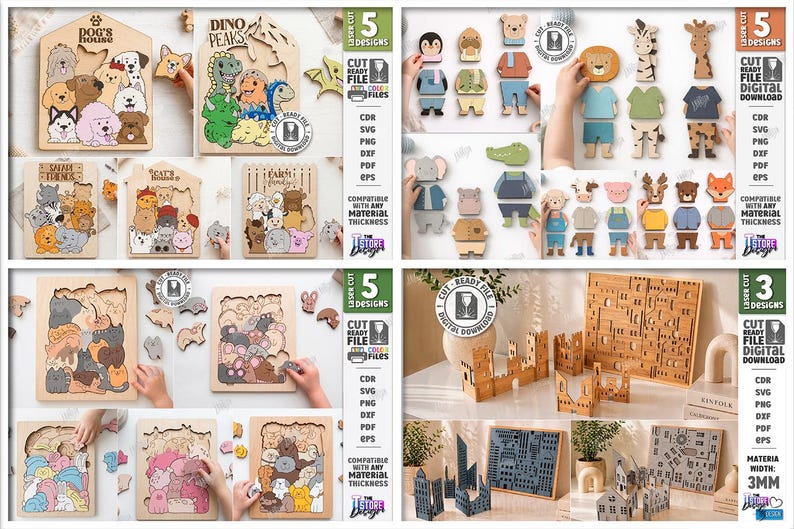 May include: A collection of wooden puzzles with animal and architectural themes. The image displays laser-cut puzzles, including dog and dinosaur houses, animal figures, and cityscapes. Each puzzle is designed for easy assembly.