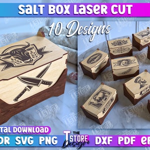 Puede incluir: Diez diseños diferentes de cajas de sal cortadas con láser. Los diseños incluyen una cabeza de toro con cuchillos, un pez, un gallo, un cerdo, una vaca, un pato, un diseño floral y algunos otros diseños. Los diseños son todos en blanco y negro y están sobre un fondo de madera claro.