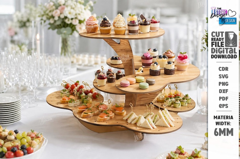 May include: A multi-tiered wooden dessert stand displaying various miniature desserts, including cupcakes, pastries, and finger sandwiches. The stand is made of light-colored wood and is filled with an assortment of treats. The text "CUT READY FILE DIGITAL DOWNLOAD" is visible.