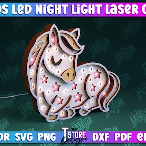 Paquete de lámparas nocturnas LED de madera para niños / Animales 3D Caja de luz LED Corte láser / Lámpara de luz nocturna para bebés unicornio Corte láser / Decoración de la habitación del bebé / Habitación para niños