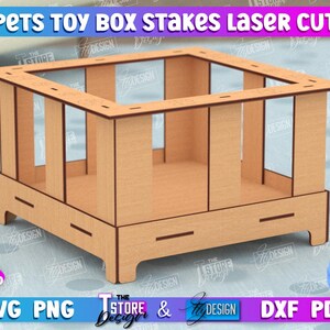May include: Laser cut wooden toy box stakes for pets. The box is made of 3mm (1/8 inch) thick wood and has a simple, rectangular design. The stakes are designed to be assembled into a box shape.
