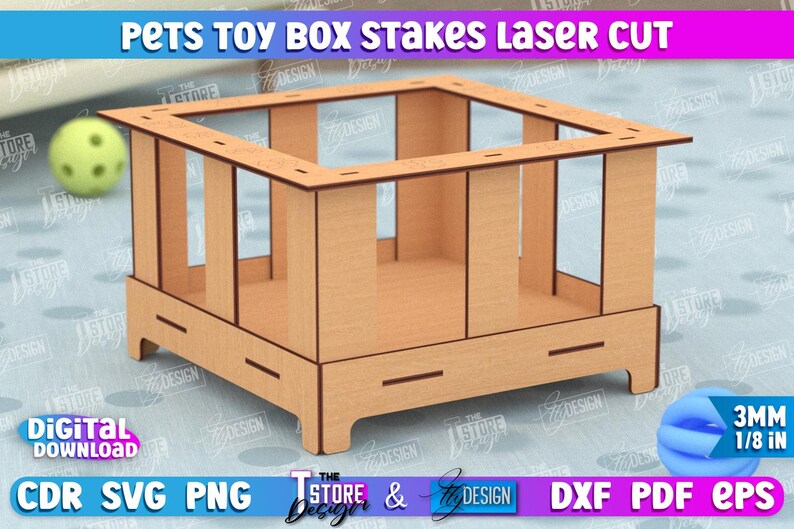 May include: Laser cut wooden toy box stakes for pets. The box is made of 3mm (1/8 inch) thick wood and has a simple, rectangular design. The stakes are designed to be assembled into a box shape.