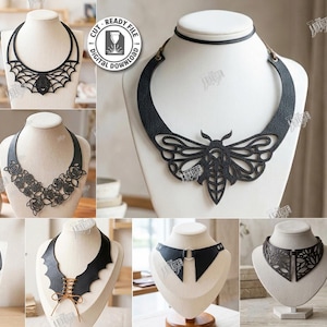 May include: A collection of ten black laser-cut leather choker necklaces displayed on white busts. Designs include a moth, spider web, roses, bat wings, skeletal hands, and geometric patterns. The image includes text: 10 DESIGNS, CUT READY FILE, CDR, SVG, PNG, DXF, PDF, EPS.