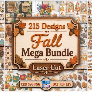 May include: A digital collage featuring 215 laser cut fall designs, including pumpkins, gnomes, leaves, and acorns. The central wooden sign displays the text 215 Designs Fall Mega Bundle Laser Cut, surrounded by various seasonal craft project previews.