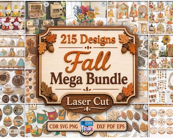 215-teiliges Herbst-Laserschnitt-Mega-Bundle, Herbst-Wanddeko, Herbstblätter, Kürbis-Holzdeko, Serviettenhalter für Thanksgiving, Willkommensschild für den Herbst