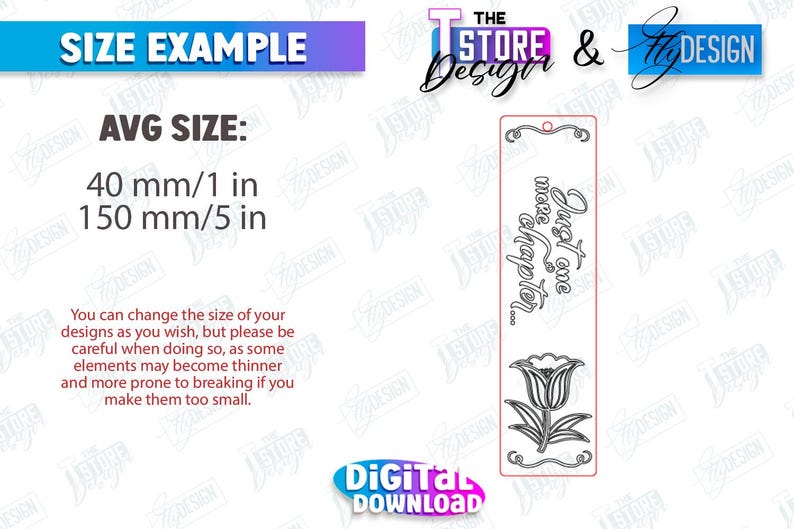 May include: Black and white line art design of a bookmark with the text "Just one more chapter..." and a stylized tulip. The bookmark is 1 inch by 5 inches.