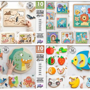 May include: A selection of wooden jigsaw puzzles with diverse themes, such as animals, fruits, and nature. The puzzles are in various shapes and sizes, with vibrant colours and cut-out pieces. The image also includes the text "10 Designs" and "Cut Ready File".
