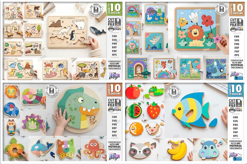 May include: A selection of wooden jigsaw puzzles with diverse themes, such as animals, fruits, and nature. The puzzles are in various shapes and sizes, with vibrant colours and cut-out pieces. The image also includes the text "10 Designs" and "Cut Ready File".