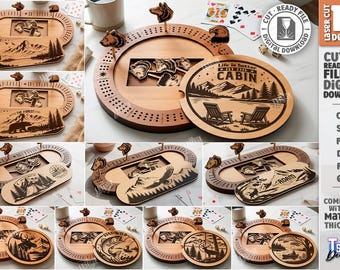 Jogo de tabuleiro de cribbage de madeira cortado a laser, conjunto com tabuleiro 3D com espaço para guardar coisas, brinquedo educativo, jogo de acampamento em SVG, jogo de viagem, jogo de mesa