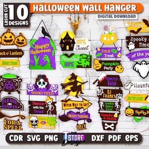 May include: A collection of 10 Halloween-themed wall hangings in various shapes and designs. The laser-cut designs include pumpkins, ghosts, witches, and signs with phrases like "Happy Halloween" and "Trick or Treat". The color palette includes orange, purple, and black.