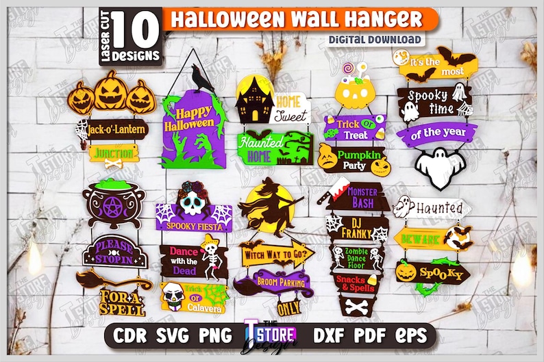 May include: A collection of 10 Halloween-themed wall hangings in various shapes and designs. The laser-cut designs include pumpkins, ghosts, witches, and signs with phrases like "Happy Halloween" and "Trick or Treat". The color palette includes orange, purple, and black.