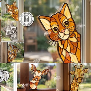 May include: A digital collection of 10 laser cut designs featuring stained glass style animal illustrations including a cat, dog, fox, rabbit, raccoon, bear, owl, koala, deer, and giraffe, with file formats CDR, SVG, PNG, DXF, PDF, and EPS included.