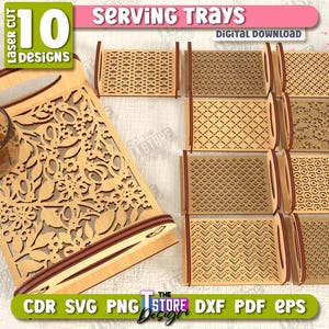 May include: A collection of 10 laser-cut serving trays with various decorative patterns. The trays are made of light-colored wood and have a thickness of 6mm (1/4 in). The image includes a tea cup and a teapot.