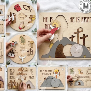 Op de afbeelding: Houten puzzels met religieuze thema's, met zinnen als "Jezus heeft alles betaald" en "Hij is verrezen". De puzzels bevatten kruisen, een graf en andere symbolische elementen. De afbeelding toont ook de tekst "10 Designs" en "Cut Ready File".