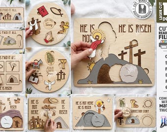 Rompecabezas 3D "He Is Risen" para niños, cortado con láser, juego de rompecabezas religioso, rompecabezas Montessori, rompecabezas para bebés, juego cristiano SVG, juguete educativo