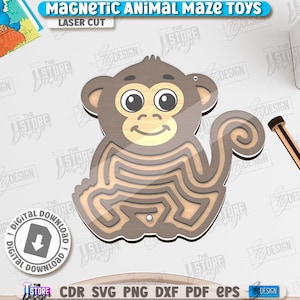 May include: A wooden monkey-shaped magnetic maze toy with a brown and tan color scheme. The maze is laser cut and includes a wooden stylus. The text "MAGNETIC ANIMAL MAZE TOYS" is at the top. A digital download icon is also present.