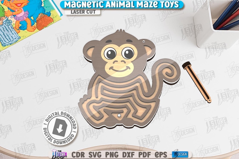 May include: A wooden monkey-shaped magnetic maze toy with a brown and tan color scheme. The maze is laser cut and includes a wooden stylus. The text "MAGNETIC ANIMAL MAZE TOYS" is at the top. A digital download icon is also present.
