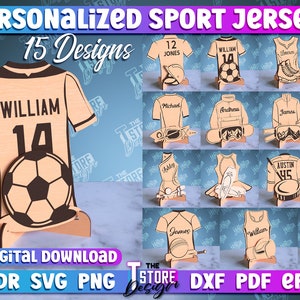 Personalized sports jerseys laser cut bundle, 3D customize laser, sport sign with stand, baseball display svg, Soccer Sport Jersey Ornament