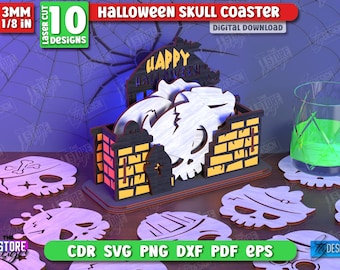 Halloween skull coasters laser cut bundle, Halloween coaster set, haunted house svg, skull drink coaster set, Happy Halloween coaster holder