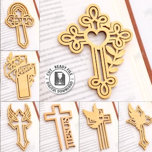 May include: A collection of ten laser-cut wooden cross designs. Each cross features unique decorative elements, including text like "HOPE" and "FAITH", and intricate patterns. The image also includes text indicating the availability of digital files.