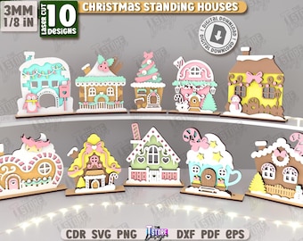 3d Christmas standing houses laser cut bundle, Xmas houses shelf sitter, Christmas scene house, winter wonderland miniature houses svg