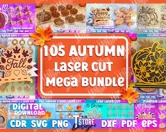 May include: A digital download bundle of 1105 autumn-themed laser cut designs. The designs include pumpkins, leaves, fall garden stakes, napkin rings, and more. The bundle is available in CDR, SVG, PNG, DXF, and PDF formats.