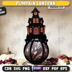 3d Haunted house lantern paper cut, Halloween lantern paper cut svg, scary light box, pumpkin lantern svg, spooky pumpkin shadowbox papercut