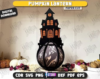 3d Haunted house lantern paper cut, Halloween lantern paper cut svg, scary light box, pumpkin lantern svg, spooky pumpkin shadowbox papercut
