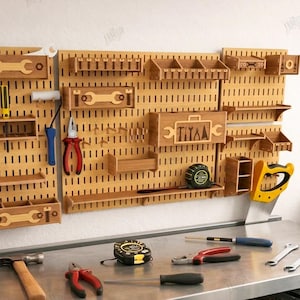 May include: A wooden pegboard with various tools and storage compartments. The board features cutouts for wrenches, screwdrivers, and other tools. The image also includes a saw, measuring tape, and the text "CUT READY FILE DIGITAL DOWNLOAD".