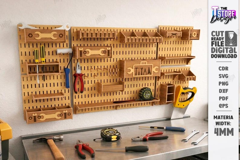 May include: A wooden pegboard with various tools and storage compartments. The board features cutouts for wrenches, screwdrivers, and other tools. The image also includes a saw, measuring tape, and the text "CUT READY FILE DIGITAL DOWNLOAD".