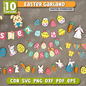 Ostergirlande Laser Cut Bundle, Happy Easter Girlande svg, 3D Osterhase Banner, Oster Tiered Tablett svg, Wanddekor, Wimpelkette svg