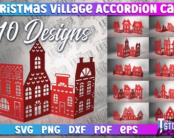 Paquete SVG de tarjeta de acordeón de Christmas Village / Artesanías de papel / Christmas Village SVG / Winter Village SVG