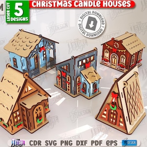 May include: Five laser-cut Christmas candle houses in various designs. The houses are made of light brown wood and painted in blue, red, and brown. Each house has a unique architectural style, with decorative elements like wreaths and garlands. The image includes the text "Christmas Candle Houses".