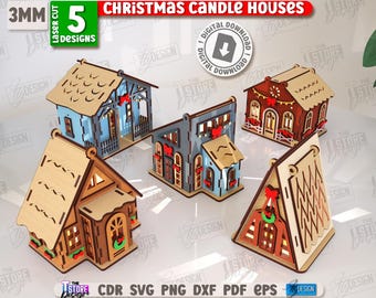 3d Christmas candle houses laser cut bundle, Christmas night lanterns svg, Xmas house tea light candle holder svg, Christmas village lantern