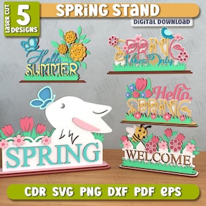 Spring Stand Lasercut Bundle, 3D Spring Layered Signs, Welcome Sign SVG, Spring Shelf Sitter SVG, Floral Table Decor, Hello Spring Stand SVG