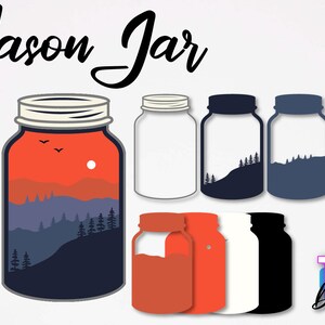 May include: A set of six mason jars with different colored backgrounds and mountain scenes. The jars are all the same size and shape. The jars are perfect for crafts, gifts, or home decor.