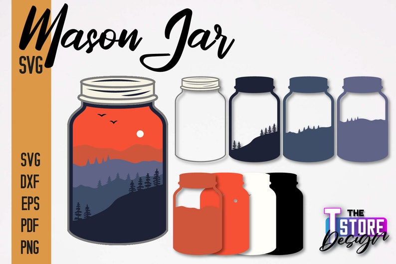 May include: A set of six mason jars with different colored backgrounds and mountain scenes. The jars are all the same size and shape. The jars are perfect for crafts, gifts, or home decor.