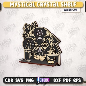 May include: Laser-cut mystical crystal shelf with a skull design, featuring a pentagram, moon, and diamond. The shelf is black with gold accents and measures 6mm or 1/4 inch thick. Includes the text "Mystical Crystal Shelf".
