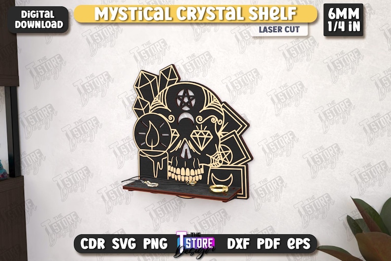 May include: Laser-cut mystical crystal shelf with a skull design, featuring a pentagram, moon, and diamond. The shelf is black with gold accents and measures 6mm or 1/4 inch thick. Includes the text "Mystical Crystal Shelf".